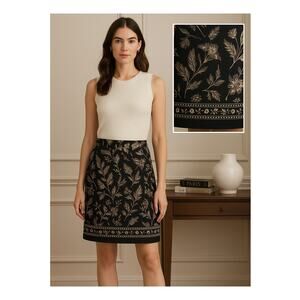 Talbots Petites Black Gold Floral Border Skirt Rayon Boho Officecore 4P